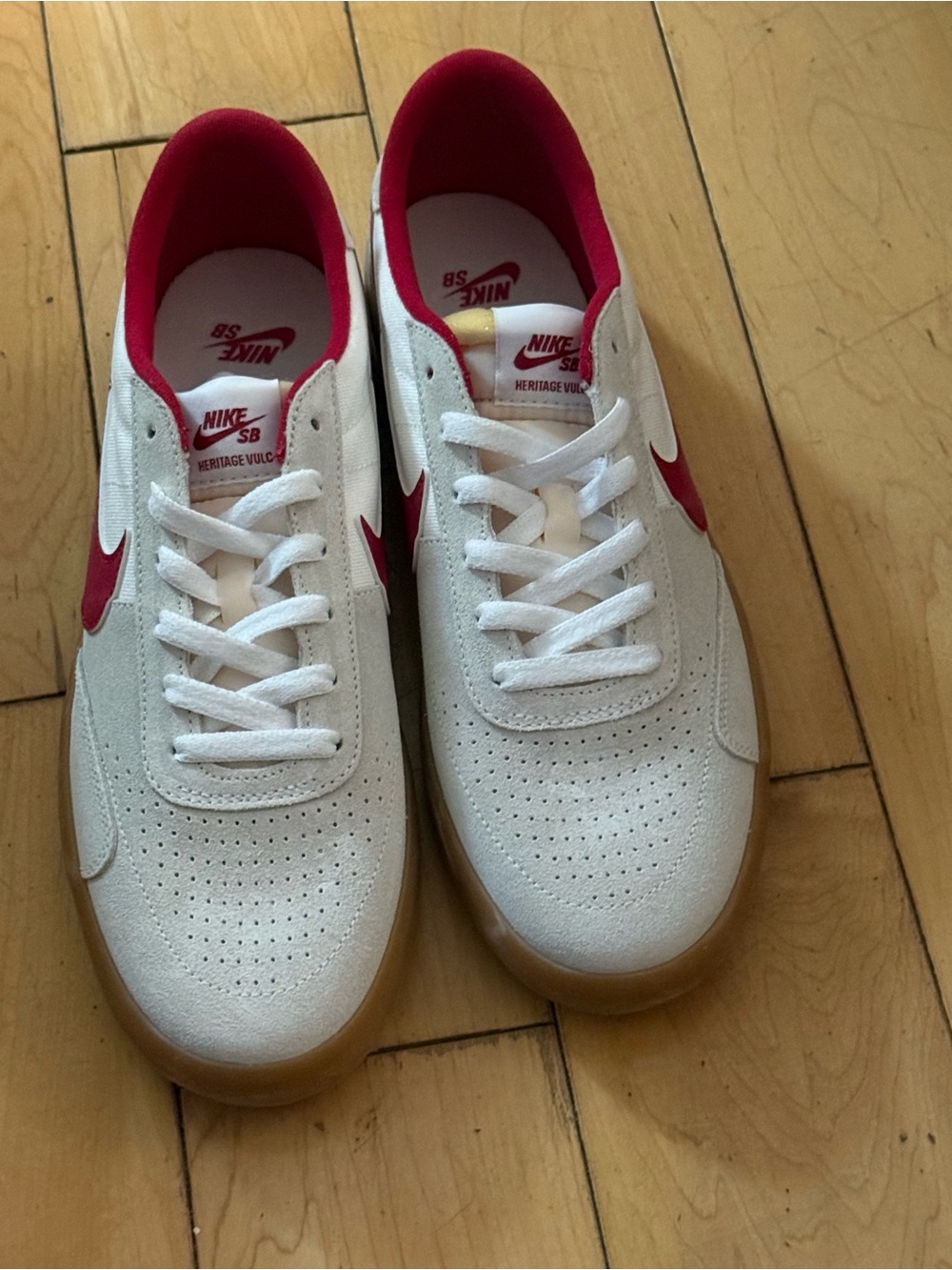Nike SB Heritage Vulc Sneakers in White and Red with Gum Sole